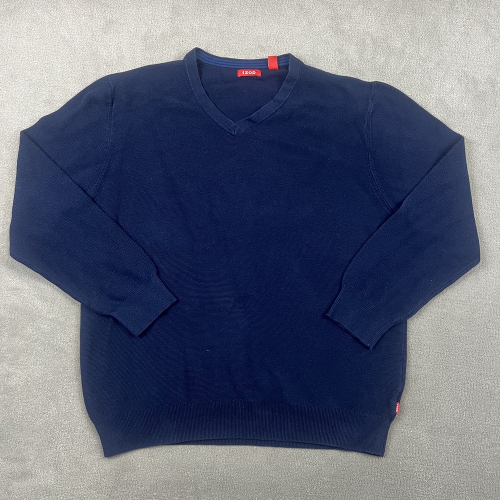 IZOD V-Neck Sweater Mens XL Navy Blue 100% Cotton Knit Pullover Classic Casual